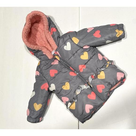 Just Lizzy Toddler Girls' 18 Mo GreyHeart Printed Heavyweight Puffer Jacket - Picture 1 of 6
